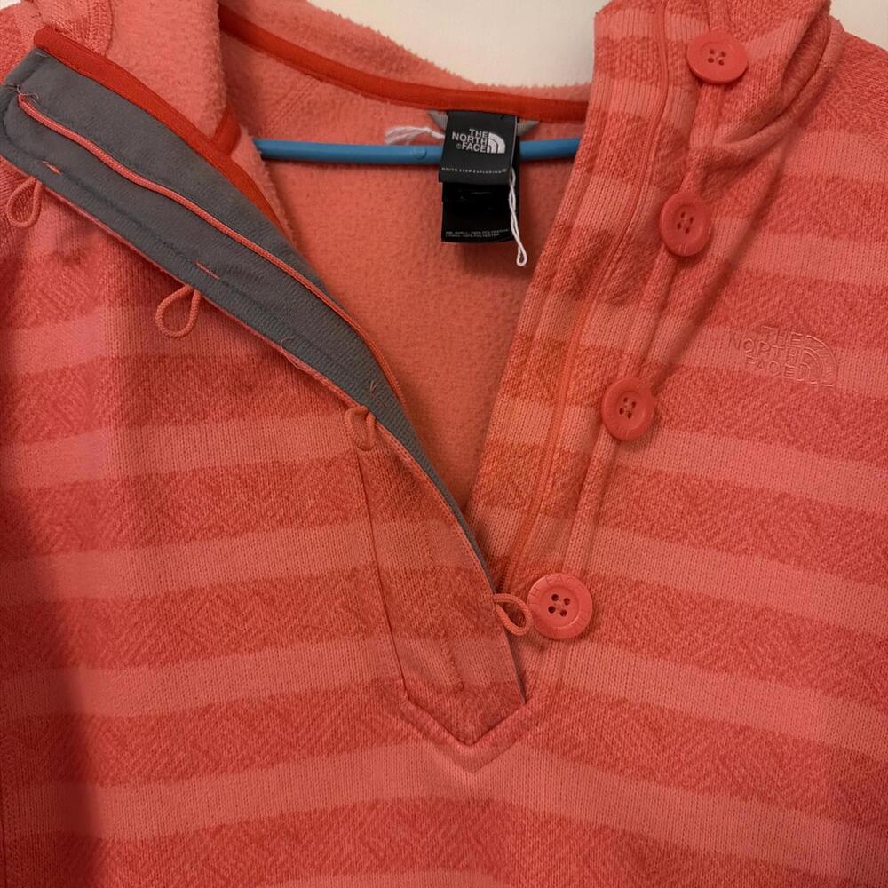 North Face Women’s Hoodie Orange Striped Fleece Lined Pullover Size Large - Picture 2 of 8